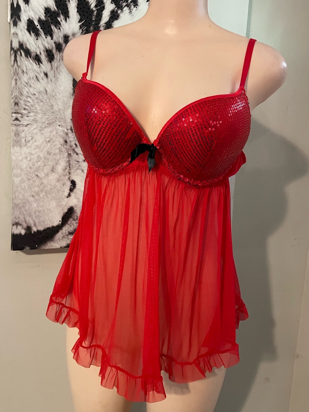 Jezebel Red Sequin Mesh Babydoll Lingerie - Womens Intimates cupped pushup Large